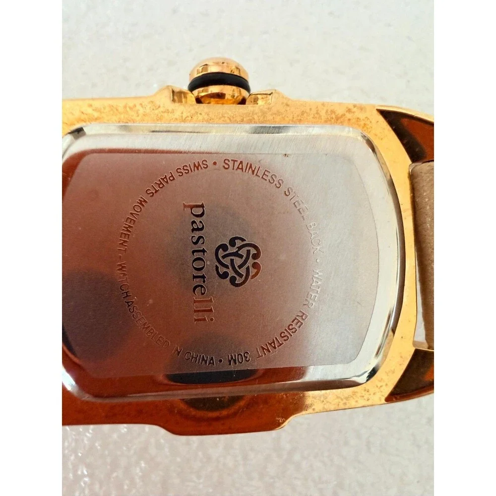 Vintage Pastorelli Tonneau Gold Watch Swiss Parts Mother of Pearl Dial Leather